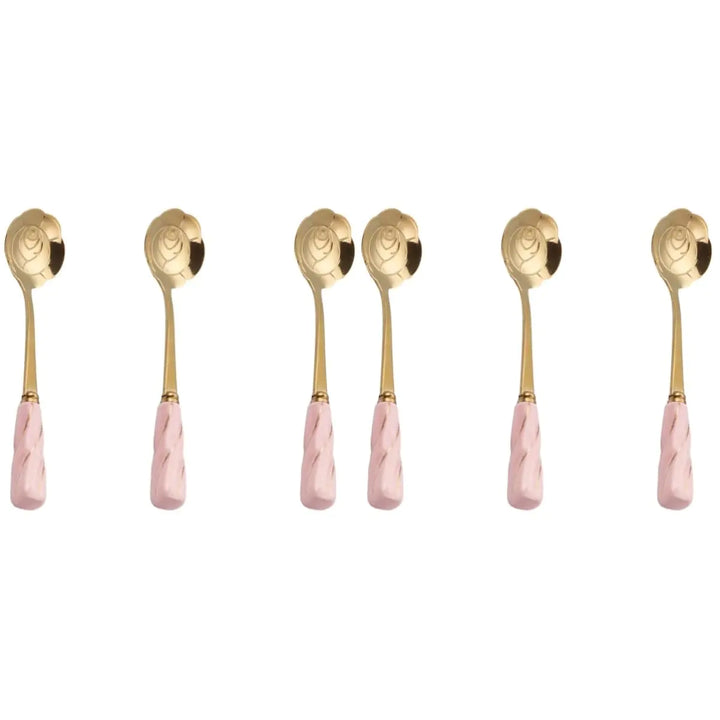 6 Pcs Flower Teaspoon Set – Rose Design Stainless Steel & Ceramic Handle Spoons