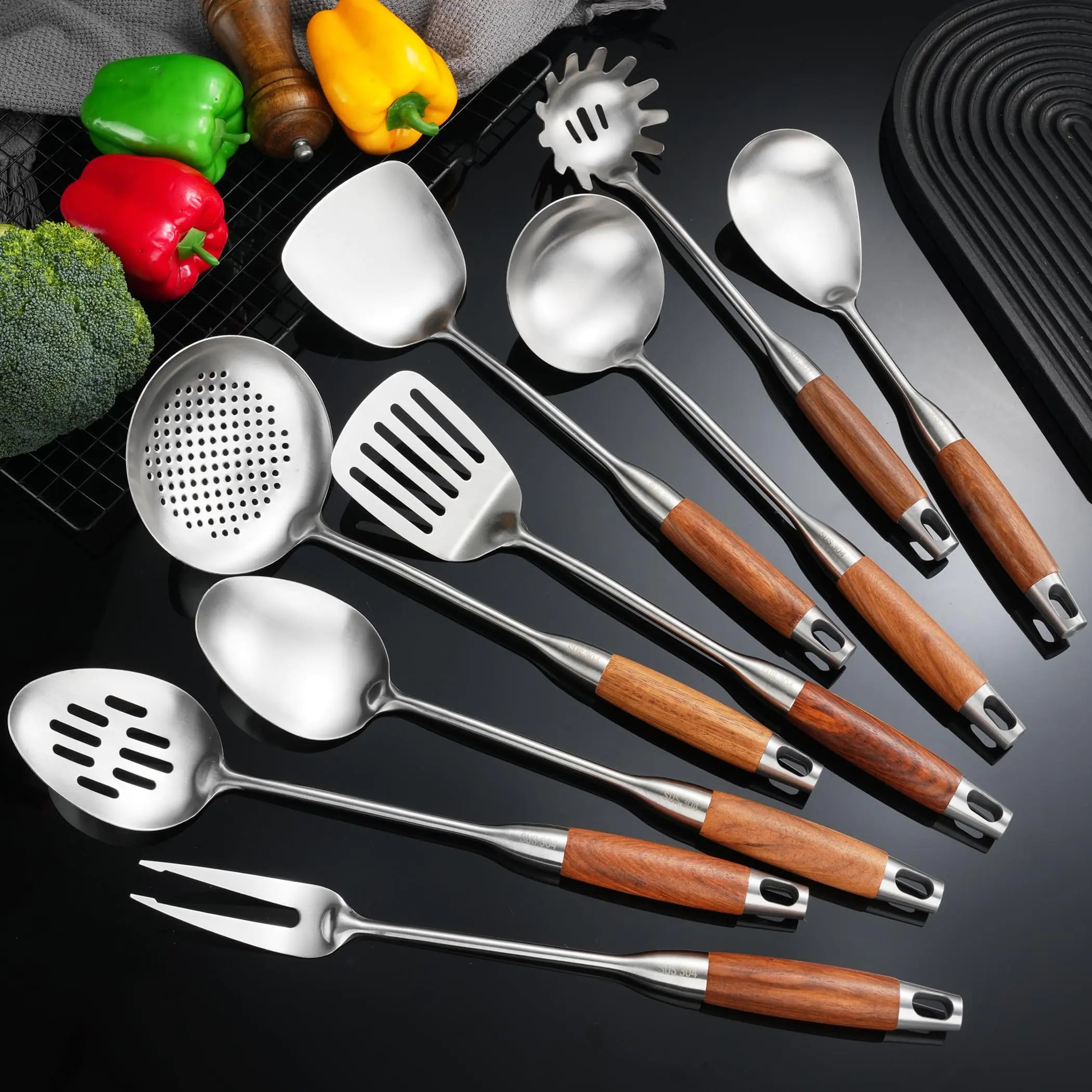 Stainless Steel Kitchen Utensils Set with Wooden Handles – 9-Piece Cooking Tool Set