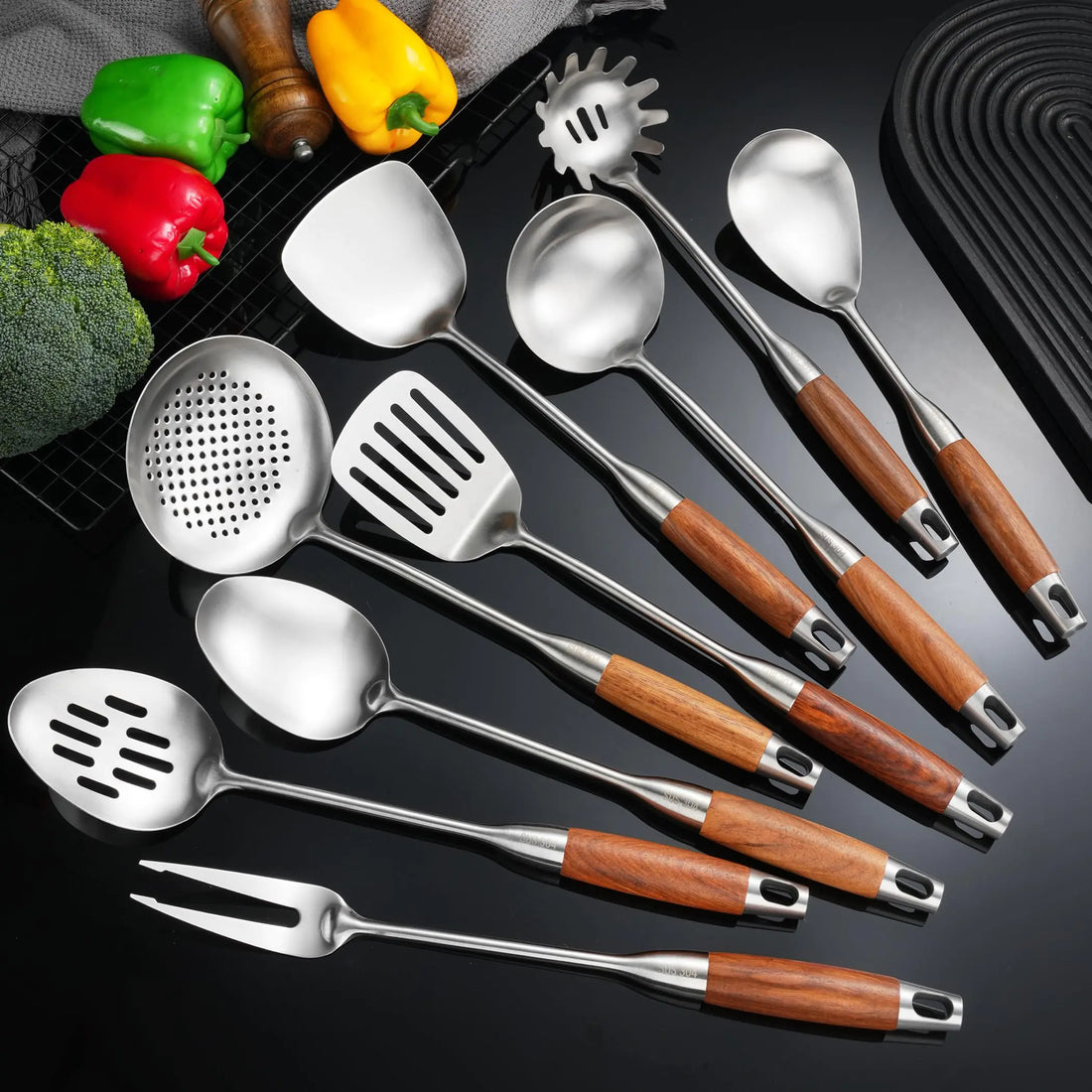 Stainless Steel Kitchen Utensils Set with Wooden Handles – 9-Piece Cooking Tool Set