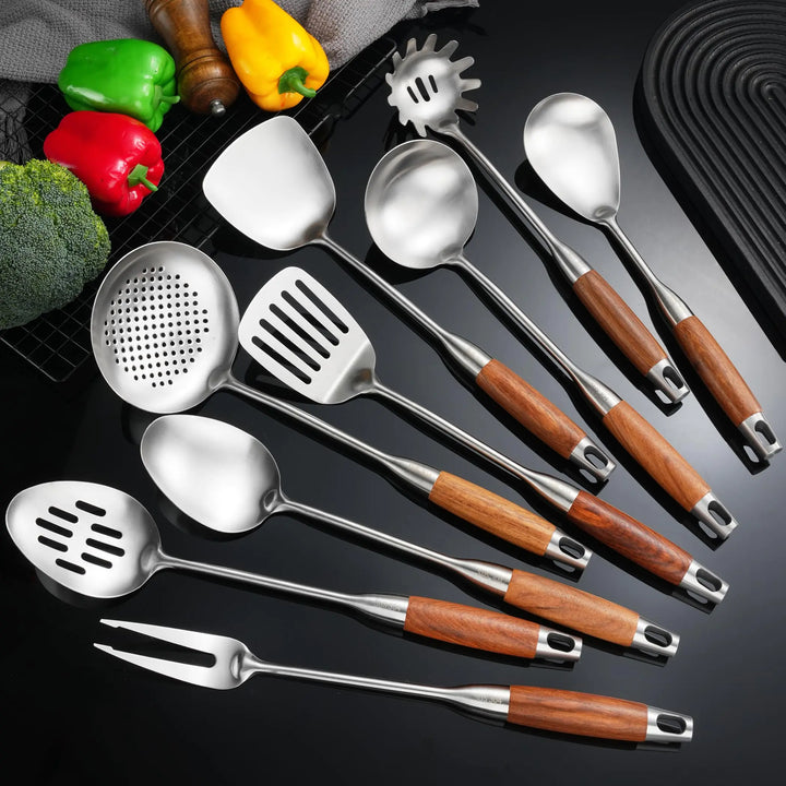 Stainless Steel Kitchen Utensils Set with Wooden Handles – 9-Piece Cooking Tool Set